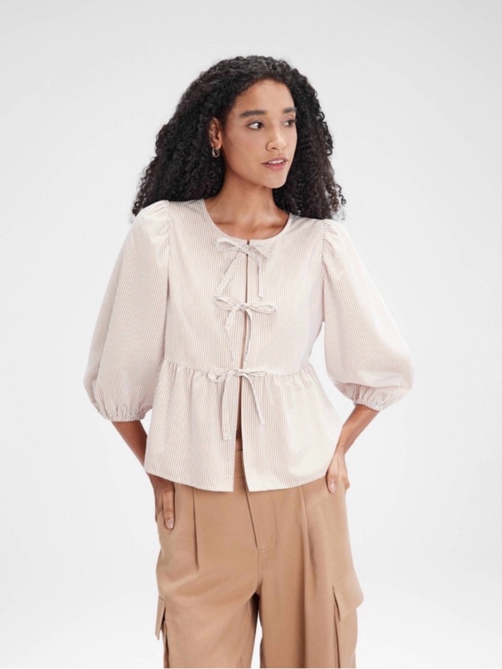 A New Day Striped Tie-Front Peplum Blouse Cream ~ Size Large